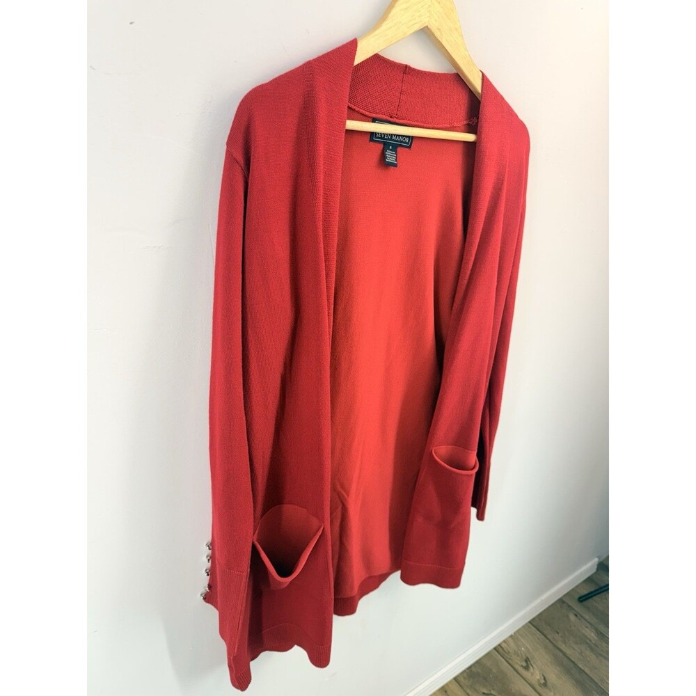 Seven Manor Women Sweater Size M Red Open Front Cardigan Long Sleeve - Picture 5 of 8